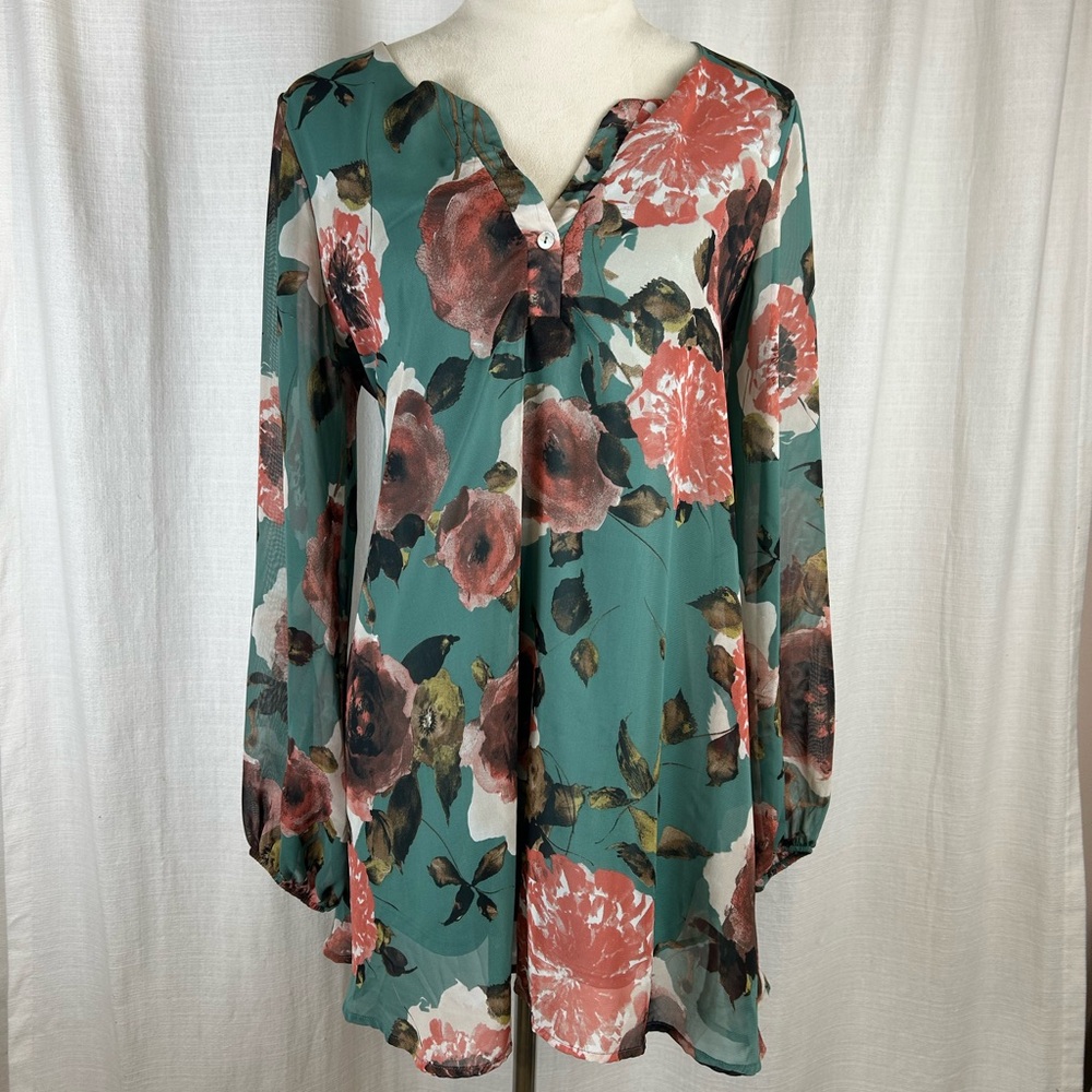 Aura Floral Chiffon Blouse in Teal and Coral